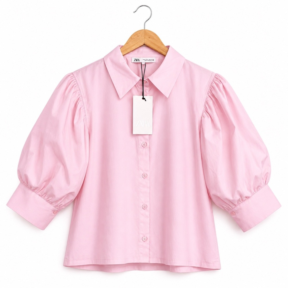 Zara Pink Puff Sleeve Button Up Blouse Poplin Crop Top Medium NWT
